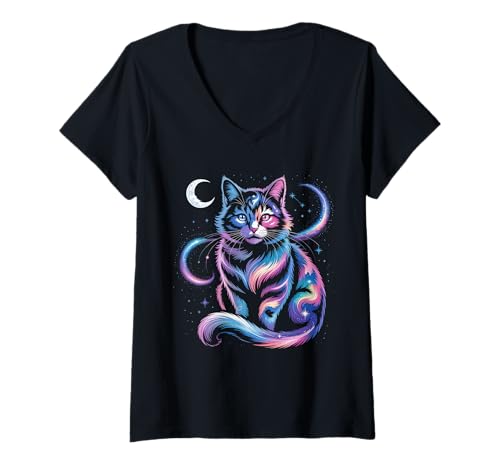 Damen Mystical Space Cosmic Cat T-Shirt – Galaxie-Kätzchen-Grafik T-Shirt mit V-Ausschnitt von Celestial Paws Apparel