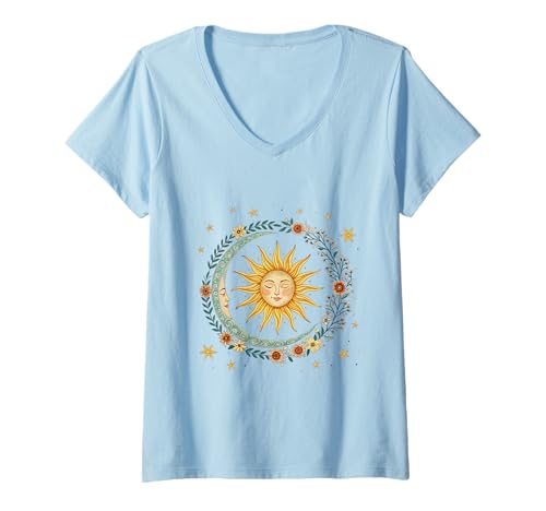 Damen Boho Sonne und Mond Kosmische Harmonie Floral Art T-Shirt mit V-Ausschnitt Damen Boho Sonne und Mond Kosmische Harmonie Floral Art T-Shirt mit V-Ausschnitt von Celestial Radiance Co