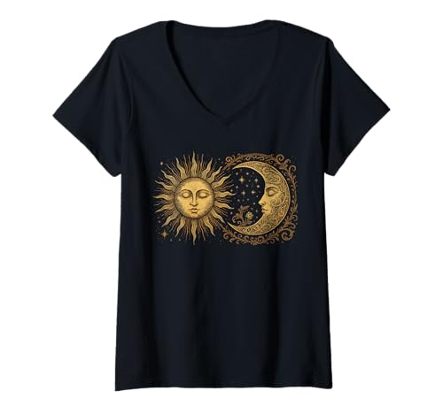 Damen Vintage Celestial Sun Moon Spiritual Harmony T-Shirt mit V-Ausschnitt Damen Vintage Celestial Sun Moon Spiritual Harmony T-Shirt mit V-Ausschnitt von Celestial Sun Moon Astrology Spiritual