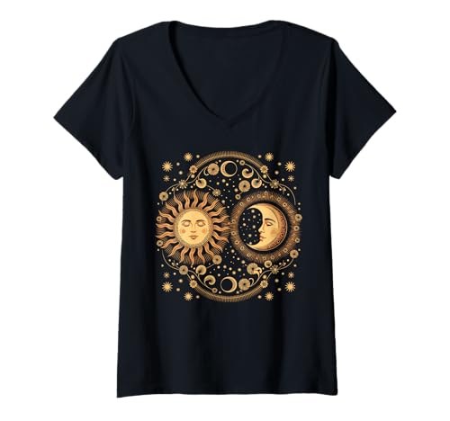 Damen Vintage Celestial Sun Moon Spiritual Harmony T-Shirt mit V-Ausschnitt Damen Vintage Celestial Sun Moon Spiritual Harmony T-Shirt mit V-Ausschnitt von Celestial Sun Moon Astrology Spiritual