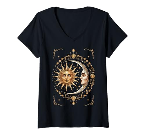 Damen Vintage Celestial Sun Moon Spiritual Harmony T-Shirt mit V-Ausschnitt Damen Vintage Celestial Sun Moon Spiritual Harmony T-Shirt mit V-Ausschnitt von Celestial Sun Moon Astrology Spiritual