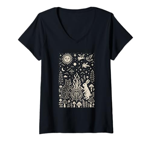 Damen Mystische Volkskunst Waldszene Boho Kessel Ritual Hexe T-Shirt mit V-Ausschnitt von Celestial Sun Moon Mystic Enchanted Folkwear