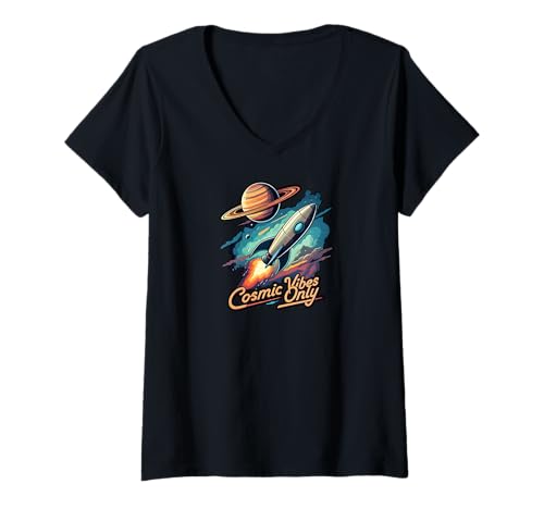 Damen Cosmic Vibes Only Retro Space Rocket Planet Galaxy Aesthetic T-Shirt mit V-Ausschnitt Damen Cosmic Vibes Only Retro Space Rocket Planet Galaxy Aesthetic T-Shirt mit V-Ausschnitt von Celestial Vibes Space Explorer Designs