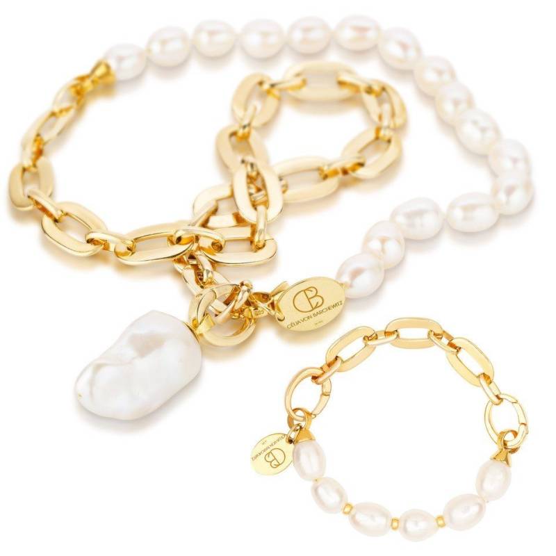 Celia von Barchewitz Ketten und Armband Set "SARAYU" ovale Süßwasser-Zuchtperlen mit Gliederkette (Armband und passende Perlen-Halskette), Kettenanhänger Barockperle austauschbar von Celia von Barchewitz