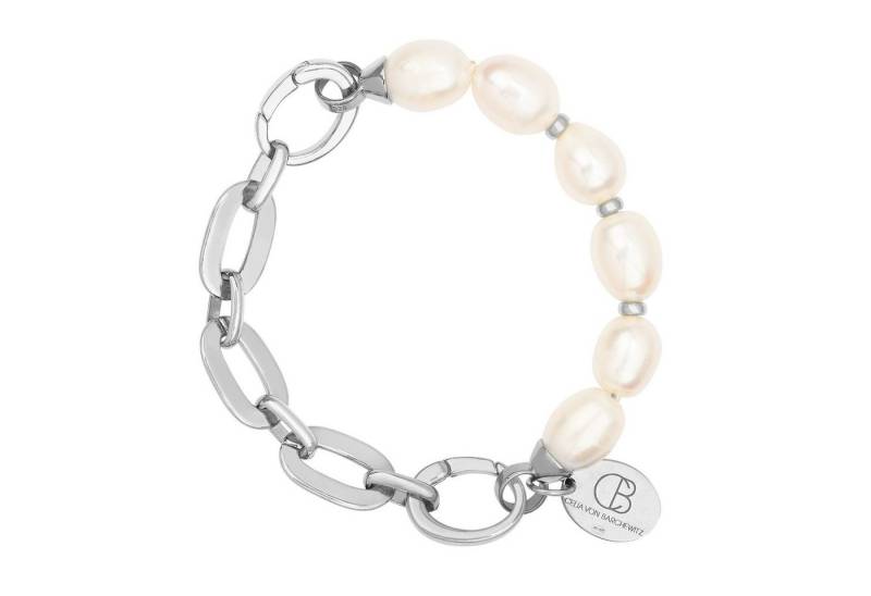 Celia von Barchewitz Perlenarmband "ASHA" Damen Gliederarmband mit ovalen Süßwasserzuchtperlen weiß, Modulring zum Öffnen von Celia von Barchewitz