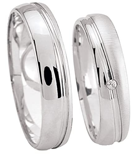 JC Trauringe 925er Sterling Silber Paar-Preis I Ehe-Ringe inkl. kostenloser Gravur I Verlobungsringe 4,5 mm breit inkl. Etui I Herren-Ring ohne & Damen-Ring mit 1 Zirkonia-Stein I Gr. 48 bis 72 I S059 von JC Trauringe