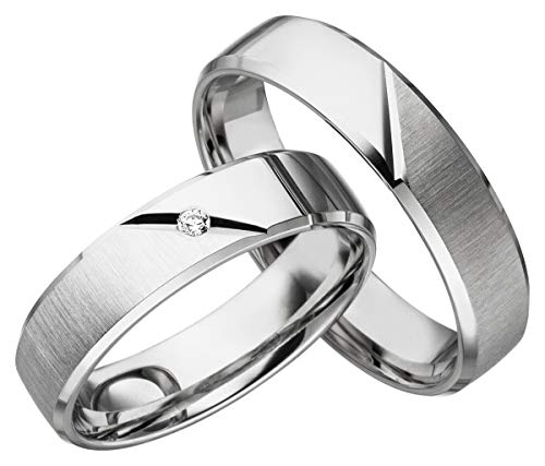 JC Trauringe 925er Sterling Silber I Ehe-Ringe mit kostenloser Gravur I Verlobungsringe 5mm breit inkl. Etui-Box I Herren-Ring ohne & Damen-Ring mit Zirkonia-Stein I Gr. 48 bis 72 I S031 von Celik Silver Collection