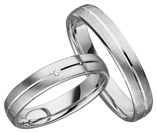 JC Trauringe 925er Sterling Silber Paar-Preis I Eheringe mit kostenfreier Gravur I Partnerringe 4,0mm breit inkl. Etui I Herren-Ring ohne & Damen-Ring mit Zirkonia-Stein I Größe 48 bis 72 I S002 von JC Trauringe