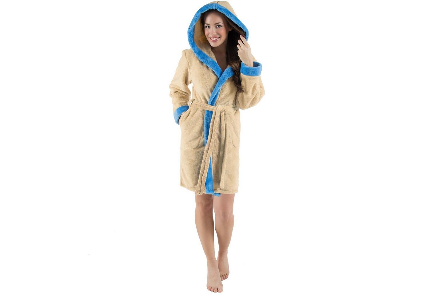 CelinaTex Bademantel Morgenmantel Damen Flausch kurz Sherpa Fleece Kos L beige blau, Polyester von CelinaTex