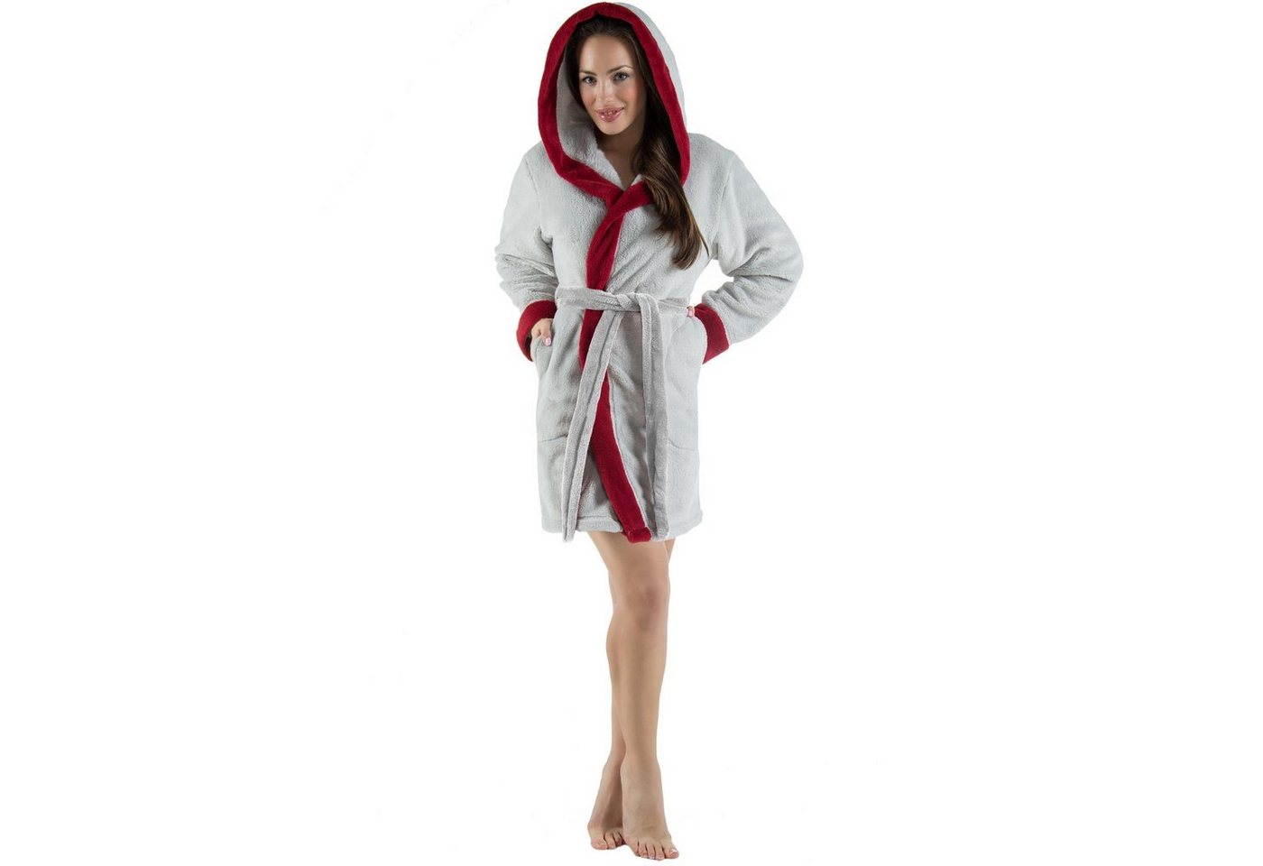 CelinaTex Bademantel Morgenmantel Damen Flausch kurz Sherpa Fleece Kos L grau bordeaux, Polyester von CelinaTex