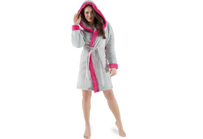 CelinaTex Bademantel Morgenmantel Damen Flausch kurz Sherpa Fleece Kos L grau pink, Polyester von CelinaTex