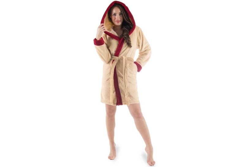 CelinaTex Bademantel Morgenmantel Damen Flausch kurz Sherpa Fleece Kos XXL beige bordeaux, Polyester von CelinaTex