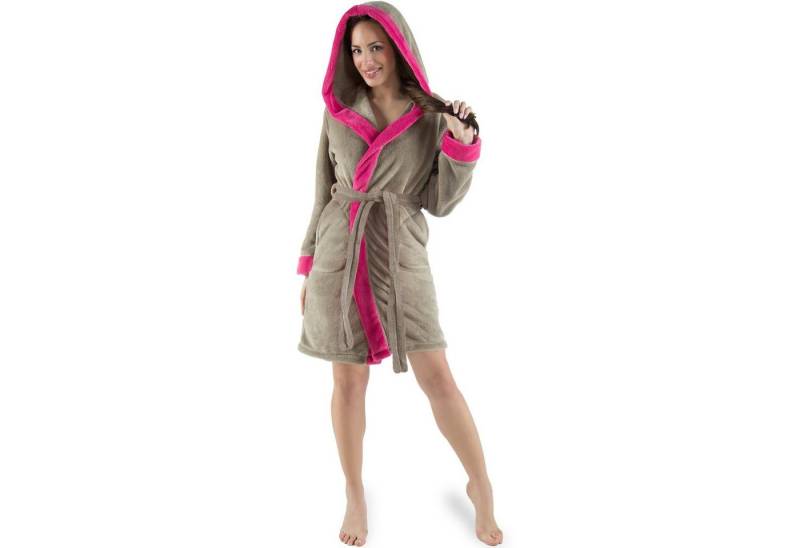CelinaTex Bademantel Morgenmantel Damen Flausch kurz Sherpa Fleece Kos M taupe pink, Polyester von CelinaTex