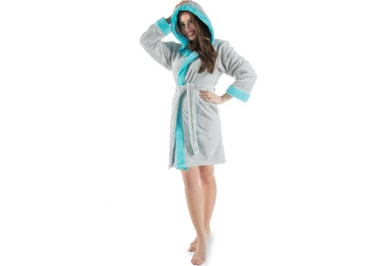 CelinaTex Bademantel Morgenmantel Damen Flausch kurz Sherpa Fleece Kos XL grau türkis, Polyester von CelinaTex