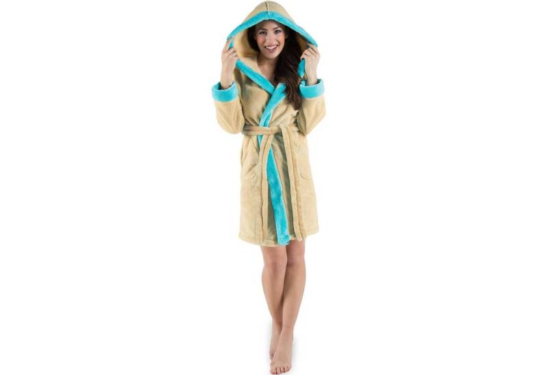 CelinaTex Bademantel Morgenmantel Damen Flausch kurz Sherpa Fleece Kos XXXL beige türkis, Polyester von CelinaTex