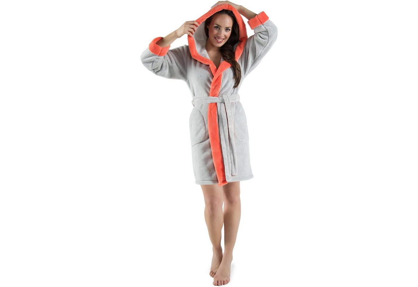 CelinaTex Bademantel Morgenmantel Damen Flausch kurz Sherpa Fleece Kos XXL grau lachs, Polyester von CelinaTex