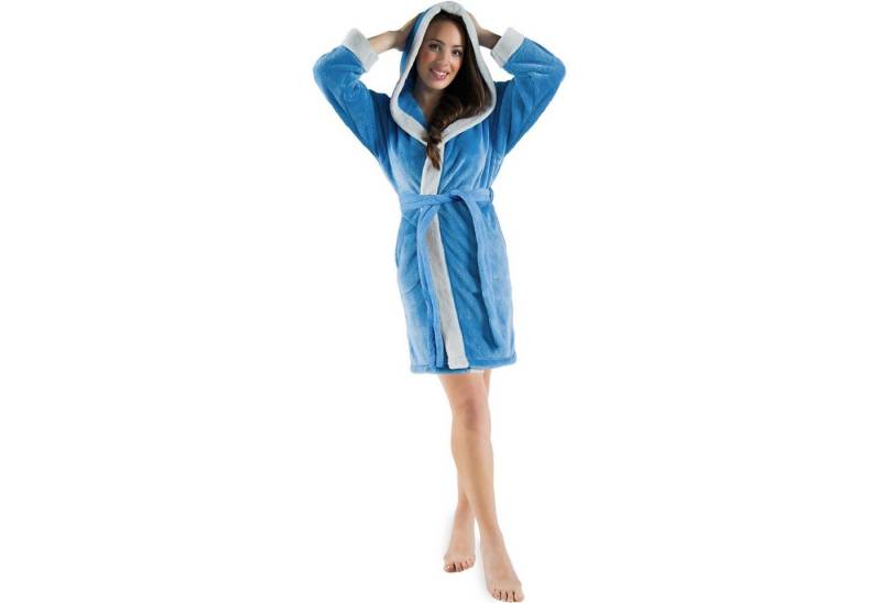 CelinaTex Bademantel Morgenmantel Damen Flausch kurz Sherpa Fleece Kos M blau grau, Polyester von CelinaTex