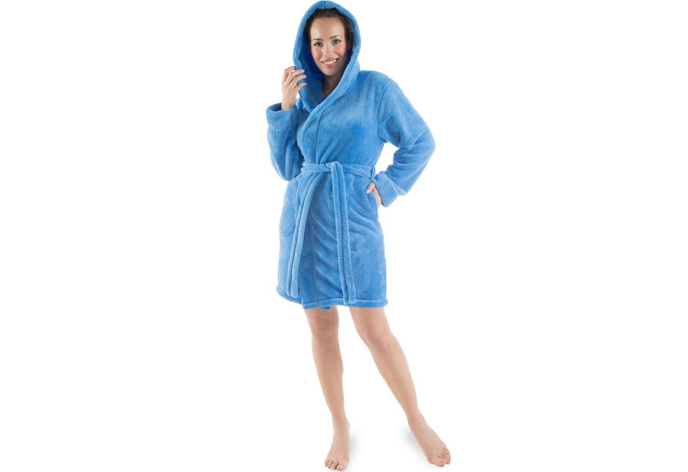 CelinaTex Bademantel Morgenmantel Damen kurz Fleece Kapuze flauschig Korfu XL blau, Polyester von CelinaTex