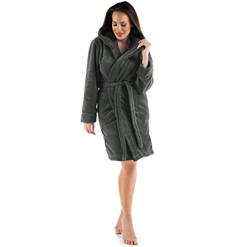 CelinaTex XS-XXXL Bademantel Kapuze Uni kurz seitliche Eingrifftaschen Damen Sherpa Kuschelfleece Morgenmantel, Sauna, Spa, Pool, Bad, flauschig und komfortabel - OEKO-TEX Korfu von CelinaTex