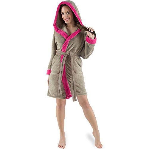 CelinaTex XS-XXXL Bademantel Kapuze zweifarbig kurz seitliche Eingrifftaschen Damen Sherpa Kuschelfleece Morgenmantel, Sauna, Spa, Pool, Bad, flauschig und komfortabel - OEKO-TEX Kos von CelinaTex