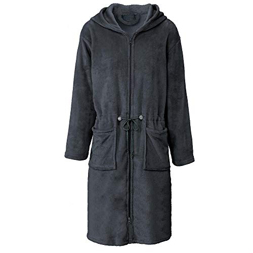 CelinaTex M Bademantel Kapuze Uni lang aufgesetzte Taschen zwei Wege Reißverschluss Damen Kuschelflanell OEKO-TEX Vital von CelinaTex
