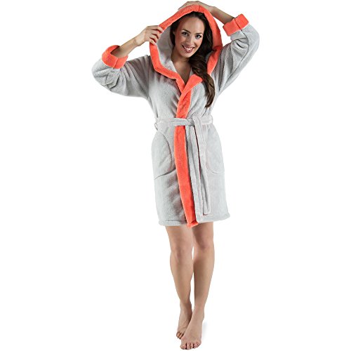 CelinaTex XS-XXXL Bademantel Kapuze zweifarbig kurz seitliche Eingrifftaschen Damen Sherpa Kuschelfleece Morgenmantel, Sauna, Spa, Pool, Bad, flauschig und komfortabel - OEKO-TEX Kos von CelinaTex