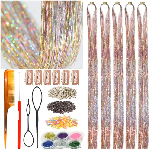 CelineBella Oropel Haarset mit Werkzeug, Glitzer, Haarverlängerungen mit Glitzer, hitzebeständige Strähnen, glänzendes Feenhaar für Kinder, Frauen und Mädchen (Packung von CelineBella
