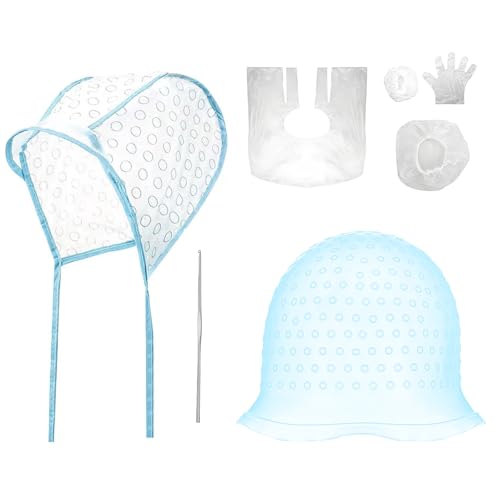 Strähnenhaube Strähnchenhaube Silikon Strähnchen Set Stränchen Haube Weich Waschbar Wiederverwendbar Strähnchenhaube DIY Färbung Strähnenhaube für Frauen und Mädchen mit Häkelnadel（Blau） von Celiodd