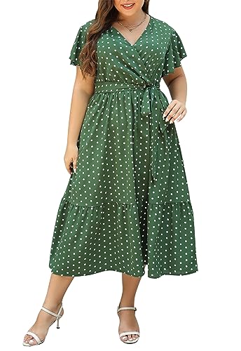 Celkuser Damen Übergröße Kurzarm V-Ausschnitt Sommer Boho Casual A-Linie Floral Midi Kleid mit Taschen, Greendot, 56 Mehr von Celkuser