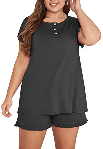 Celkuser Zweiteiliger Pyjama Damen Nachtwäsche Button Down Top und Shorts Set Sweatsuits mit Tasche CEL1002, Soft Grey, 3XL Große Größen von Celkuser