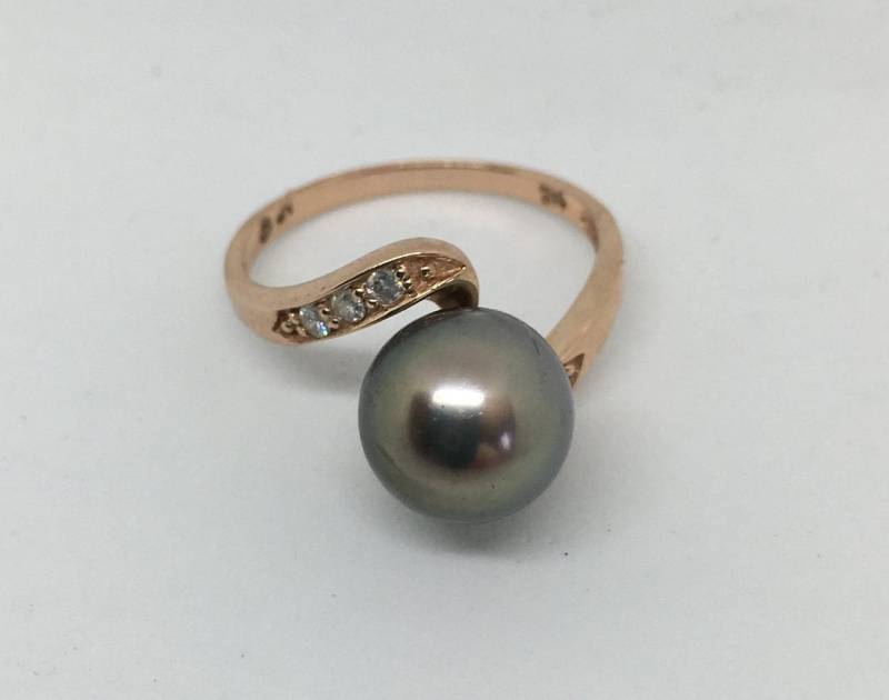 14Kt Rose Gold Tahiti-Perle Ring Mit Diamant Akzente, Größe 6 3/4 von CelliniTreasures