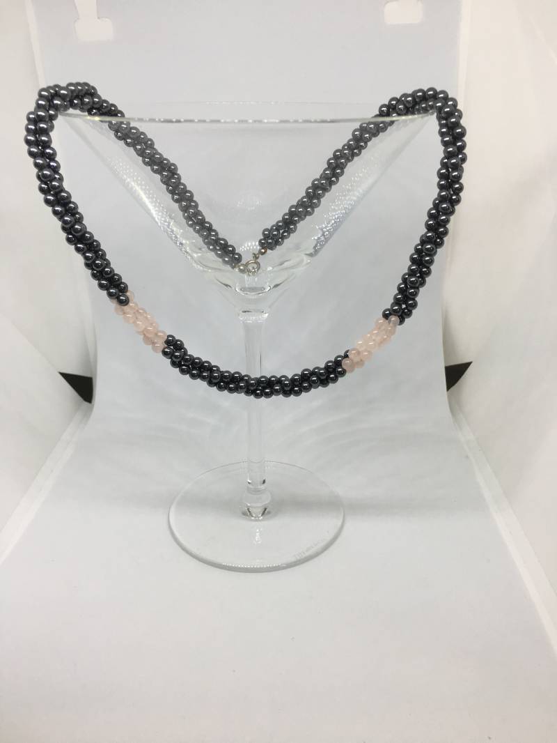 Vintage Hämatit Rosenquarz Perlenkette Dreireihiger Heilender Schmuck von CelliniTreasures