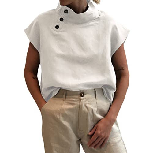 Celmia Sommer Bluse Damen T-Shirts Kurzarm Knopfleiste Rollkragen Basic Oberteile Einfarbig Weiß 4XL von Celmia