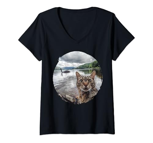 Damen Lustige Katze und Loch Ness Monster Selfie T-Shirt mit V-Ausschnitt von Celo's Cat Tees