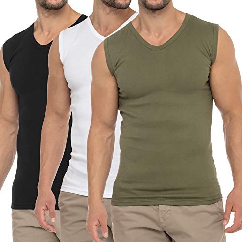 Celodoro Herren Business Muskelshirt V-Neck (3er Pack) Feinripp Top - Olive Weiß Schwarz M von Celodoro