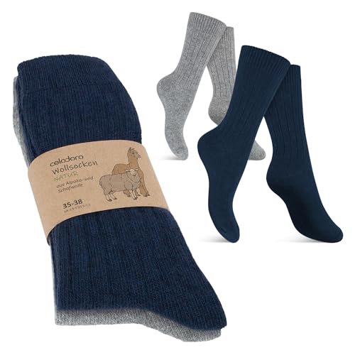 Celodoro Damen Herren Wollsocken mit Alpakawolle - 2 Paar Marine Grau 35-38 von Celodoro