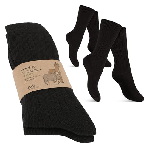 Celodoro Damen Herren Wollsocken mit Alpakawolle - 2 Paar Schwarz 35-38 von Celodoro