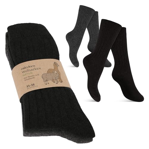 Celodoro Damen Herren Wollsocken mit Alpakawolle - 2 Paar Schwarz-Anthrazit 35-38 von Celodoro