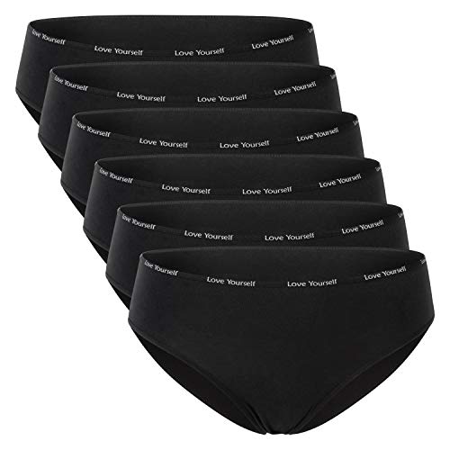 Celodoro Damen Slip (6er Pack) Bikini-Slip mit schmalem Ziergummi und Schriftzug - Schwarz M von Celodoro