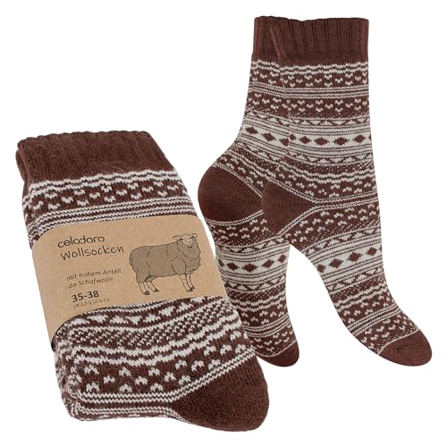 Celodoro Damen & Herren Frottee-Wollsocken mit Muster (1 Paar) - Braun mit Creme 43-46 von Celodoro