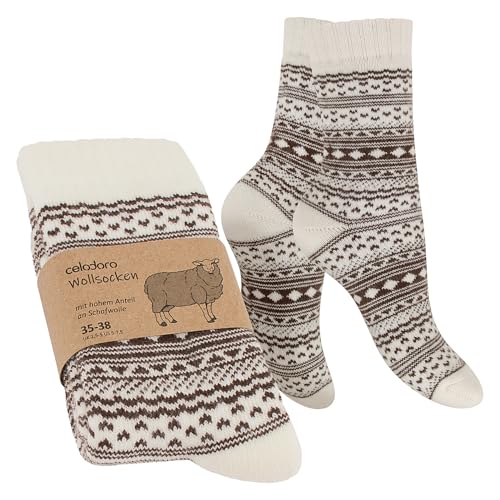 Celodoro Damen & Herren Frottee-Wollsocken mit Muster (1 Paar) - Creme mit Braun 43-46 von Celodoro