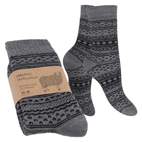 Celodoro Damen & Herren Frottee-Wollsocken mit Muster (1 Paar) - Grau mit Schwarz 43-46 von Celodoro