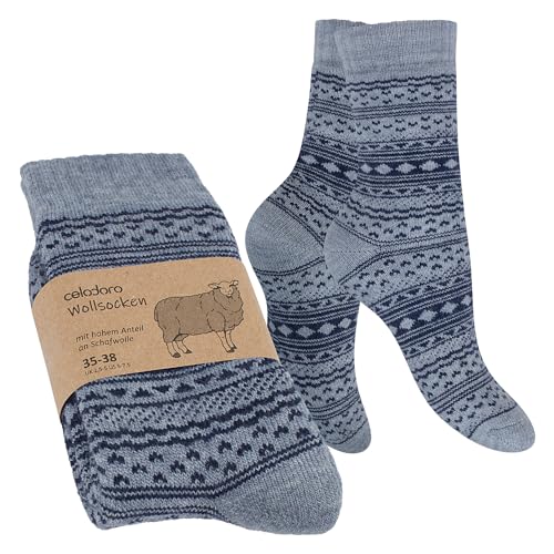 Celodoro Damen & Herren Frottee-Wollsocken mit Muster (1 Paar) - Hellgrau mit Navy 39-42 von Celodoro