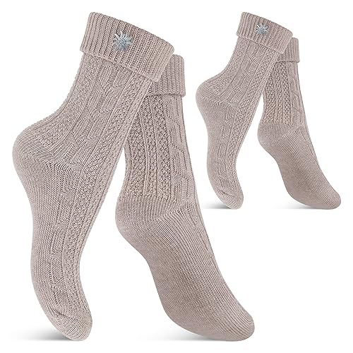 Celodoro Damen und Herren Trachten Socken (2 Paar) mit Edelweiß-Pin Oktoberfest Strümpfe - Beige 35-38 von Celodoro