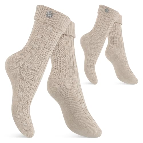 Celodoro Damen und Herren Trachten Socken (2 Paar) mit Edelweiß-Pin Oktoberfest Strümpfe - Beige 43-46 von Celodoro