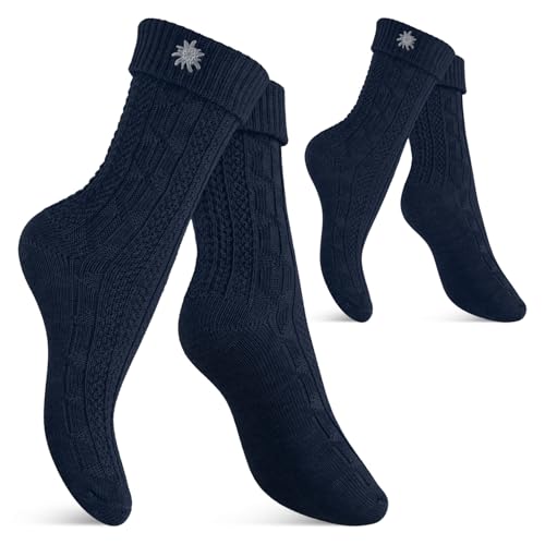 Celodoro Damen und Herren Trachten Socken (2 Paar) mit Edelweiß-Pin Oktoberfest Strümpfe - Marine 35-38 von Celodoro