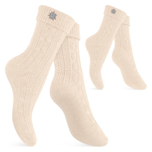 Celodoro Damen und Herren Trachten Socken (2 Paar) mit Edelweiß-Pin Oktoberfest Strümpfe - Weiß 43-46 von Celodoro