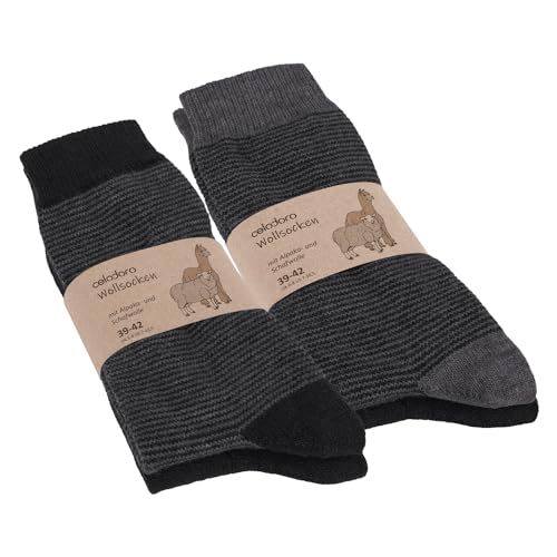 Celodoro Damen & Herren Wollsocken mit Alpaka Uni & Ringel (4 Paar) - Schwarz 35-38 von Celodoro