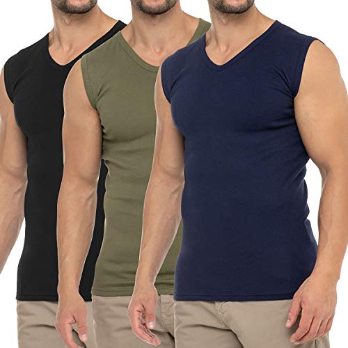 Celodoro Herren Business Muskelshirt V-Neck (3er Pack) Feinripp Top - Marine Schwarz Olive M von Celodoro