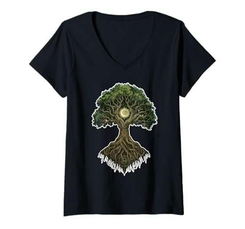 Damen Mystischer Baum des Lebens Mondzyklus Natur Lebensbaum T-Shirt mit V-Ausschnitt Damen Mystischer Baum des Lebens Mondzyklus Natur Lebensbaum T-Shirt mit V-Ausschnitt von Celtic Tree of Life Moon & Roots Mystical
